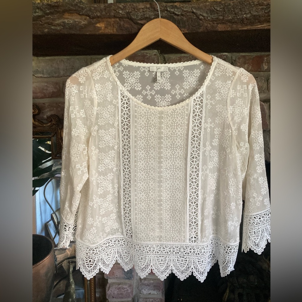 Joie Silk Ivory & White Embroidered Lace Hadlee Top Romantic Boho Festival EUC